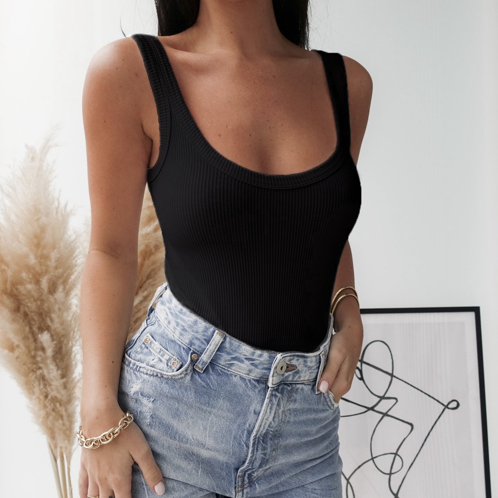 Basic Ribbed Bodysuit- Black-