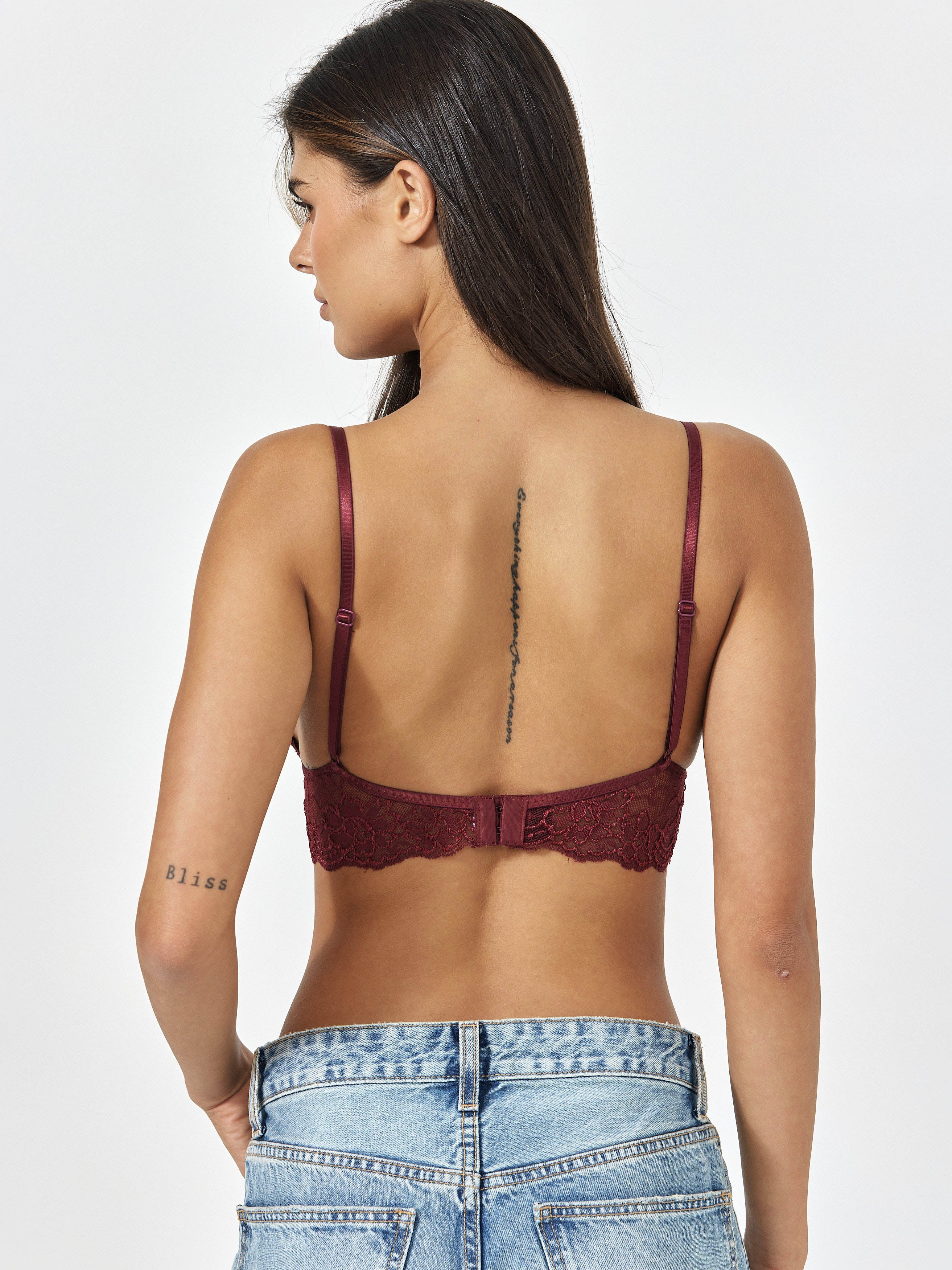 Side View Of Burgundy Bralette With Adjustable Straps