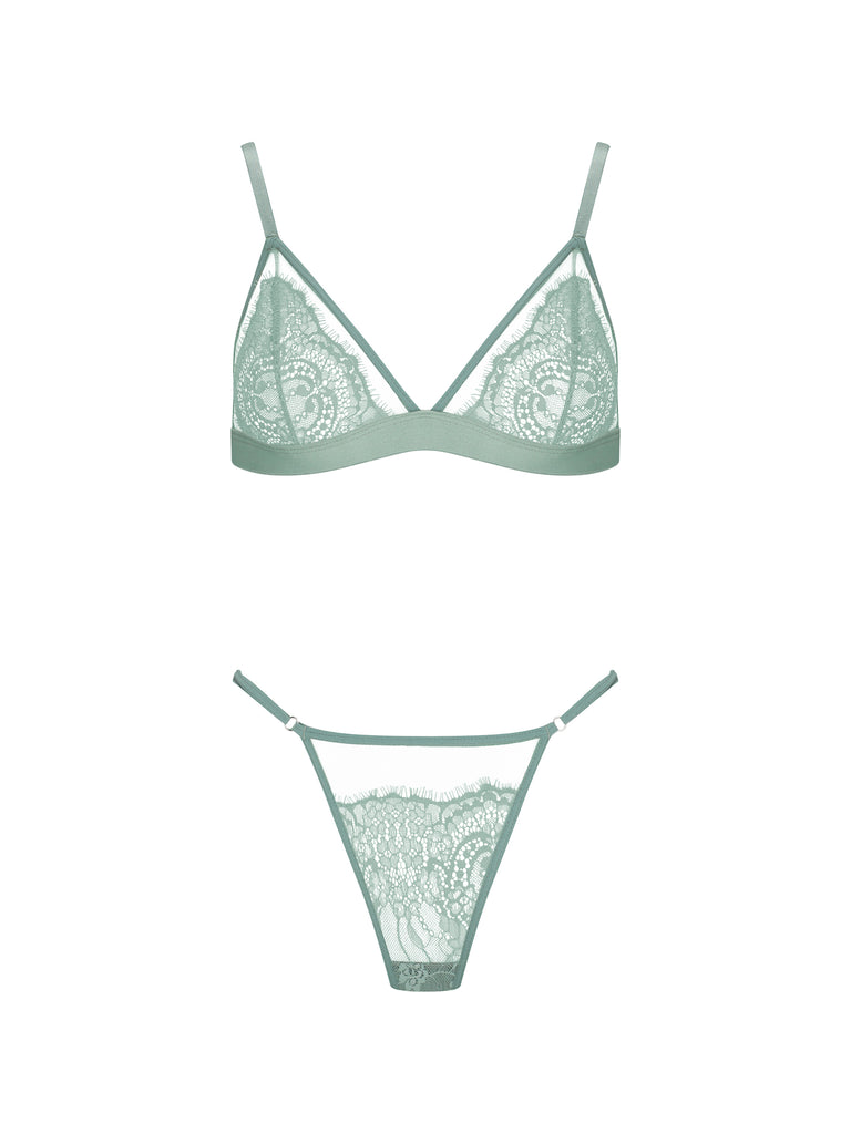 Sage Green Bralette Set With Lace Detailing